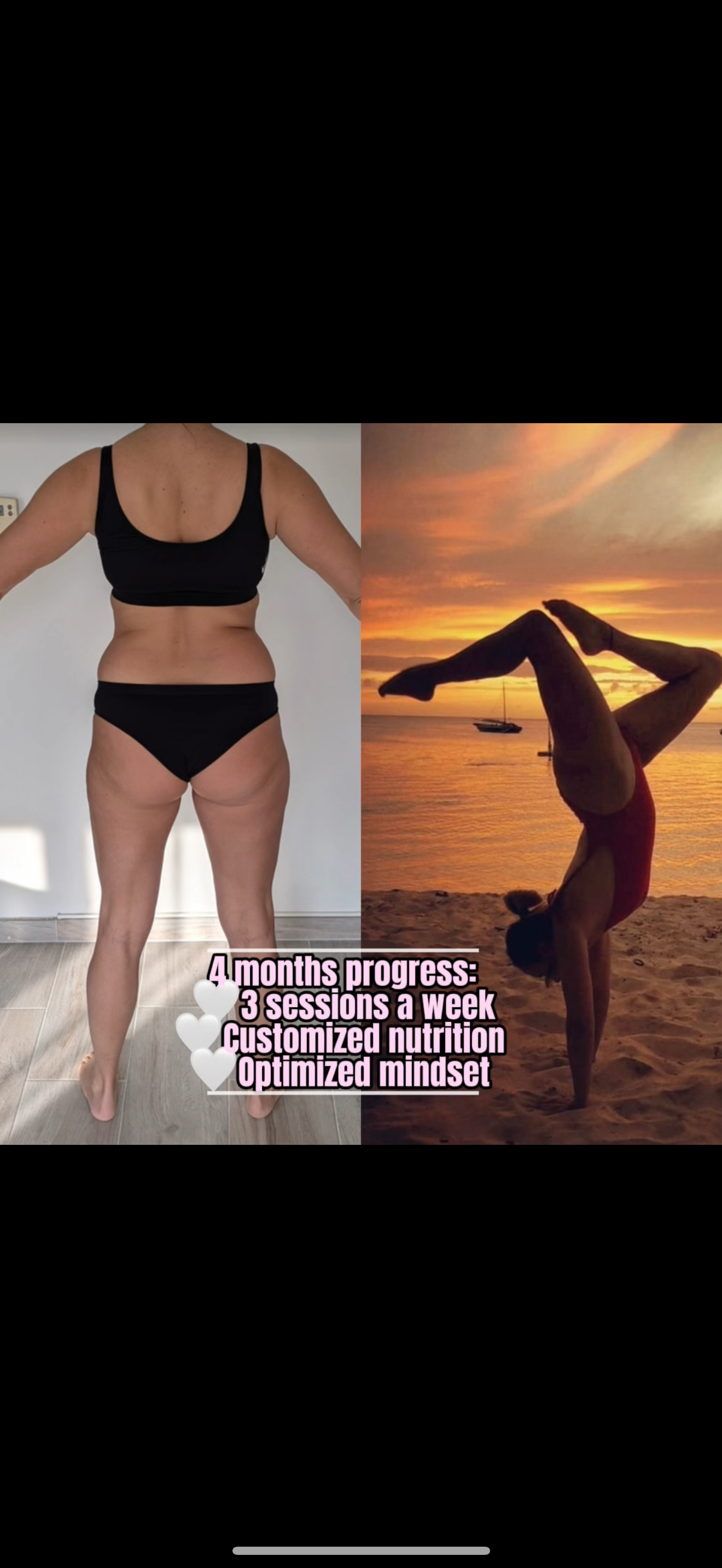 Four-month transformation: client before in black sports bra, after doing a yoga handstand on a beach at sunset