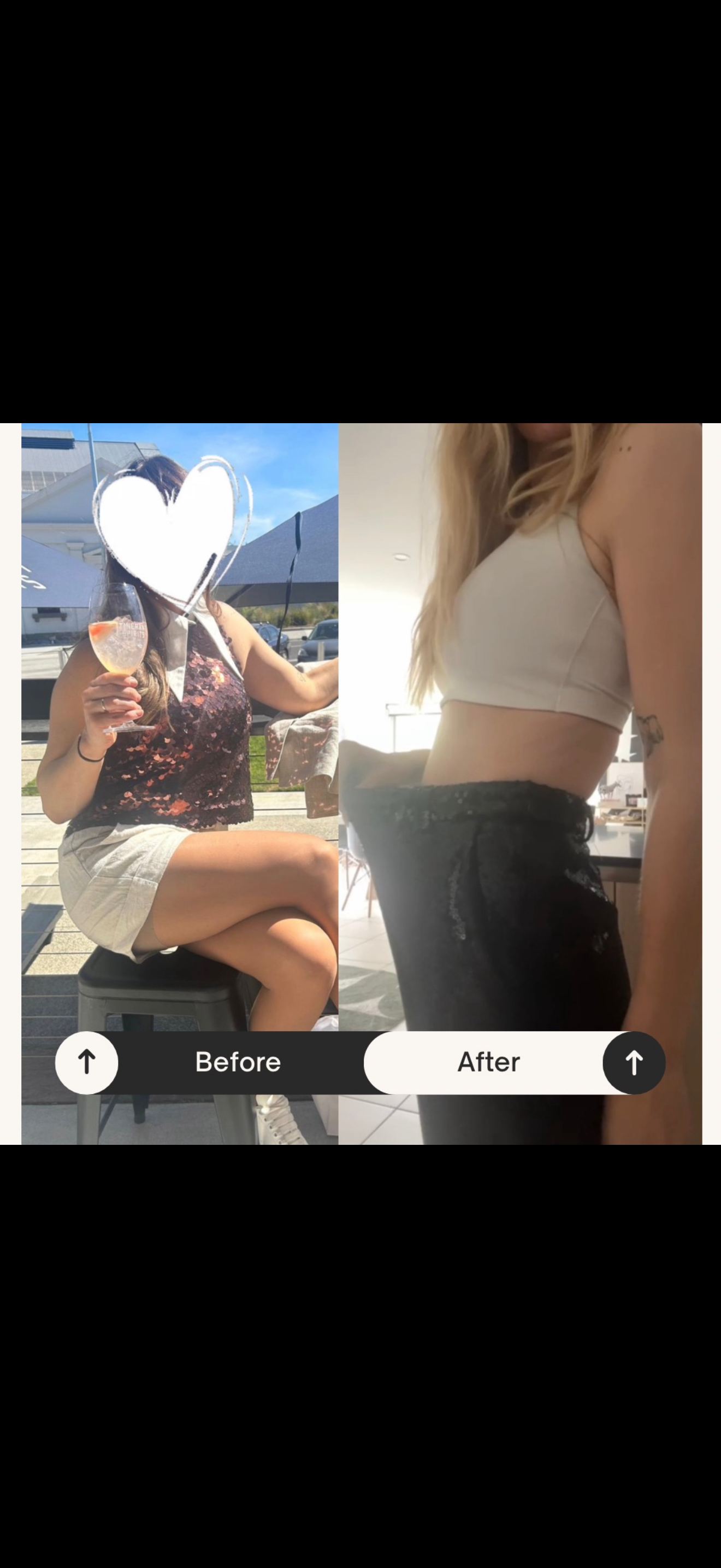 Body recomposition transformation: client before and after wearing fitted everyday clothes